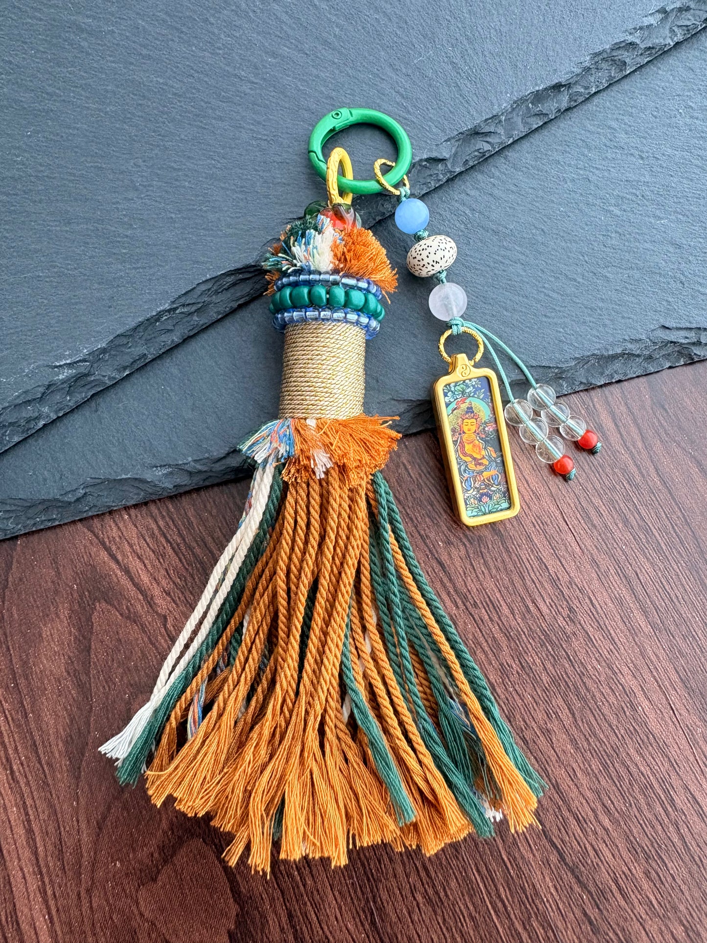 Small Victory Banner Charm with Manjushri Bodhisattva Thangka Tassel in Tibetan Brown