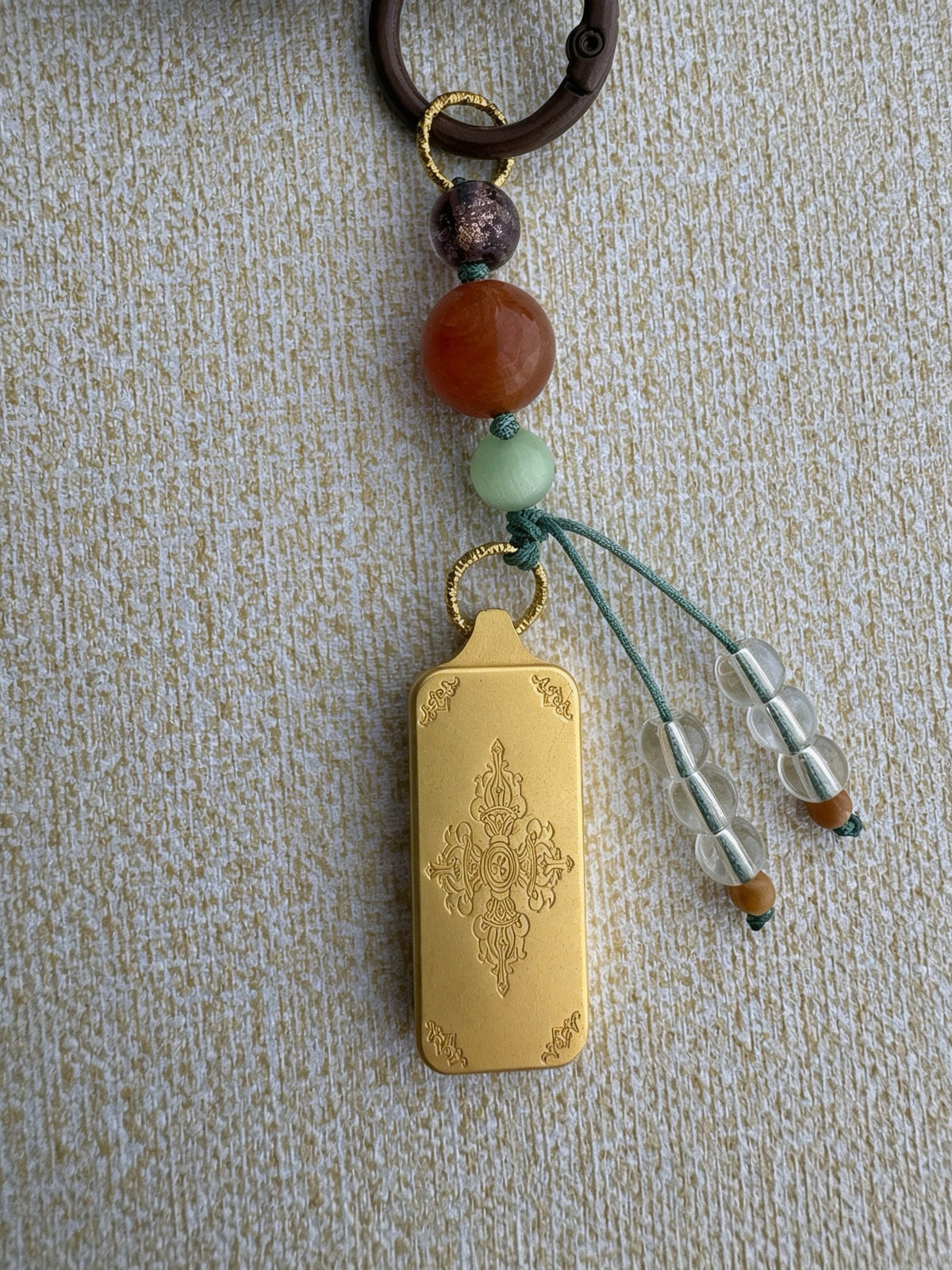 Small Victory Banner Charm with Zaki Lhamo Thangka Tassel in Tibetan Brown