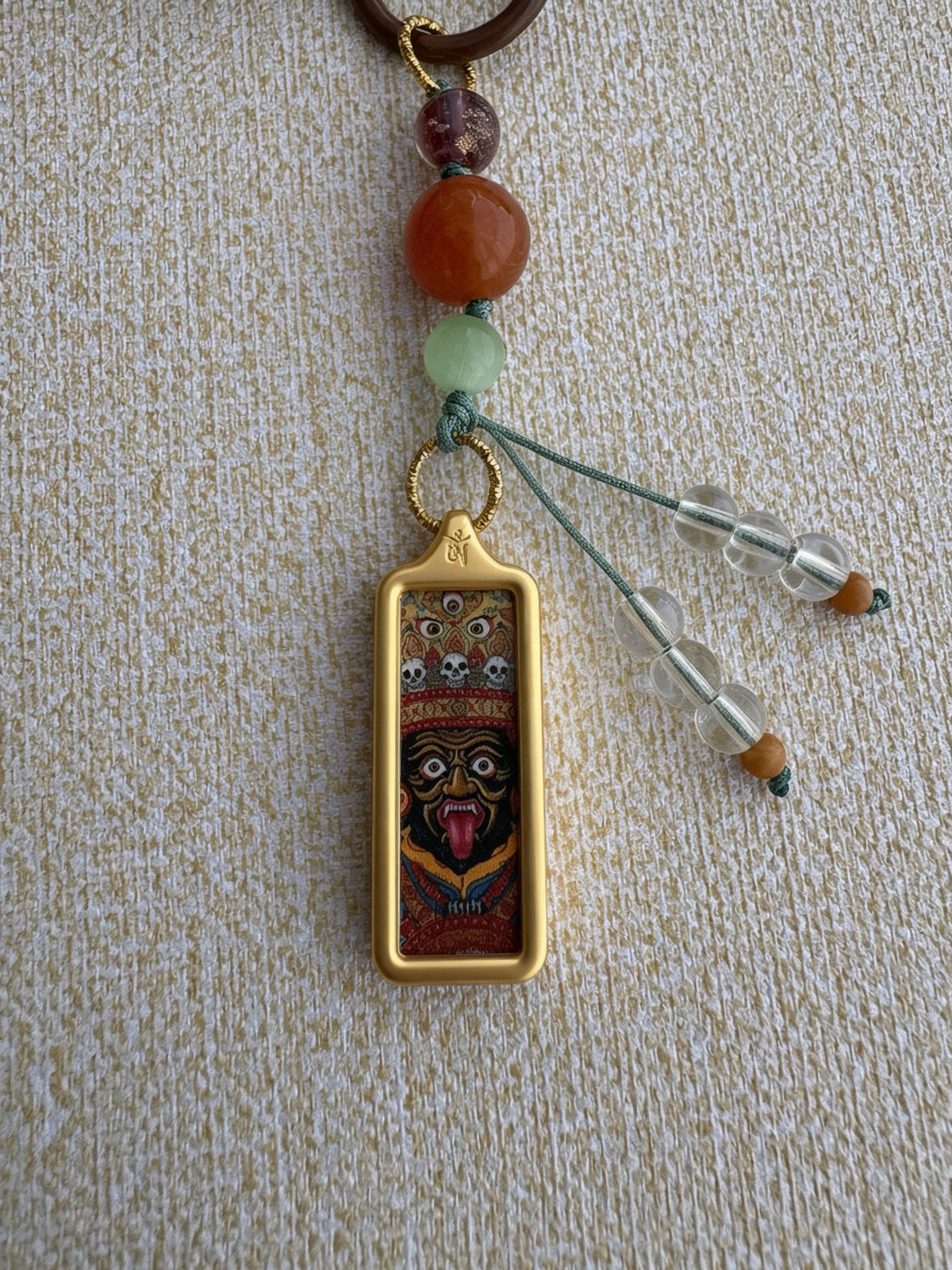 Small Victory Banner Charm with Zaki Lhamo Thangka Tassel in Tibetan Brown