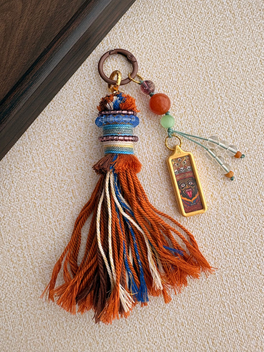Small Victory Banner Charm with Zaki Lhamo Thangka Tassel in Tibetan Brown