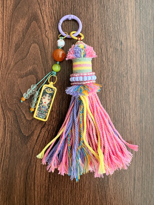 Small Victory Banner Charm with Zaki Lhamo Thangka Tassel in Tibetan Pink