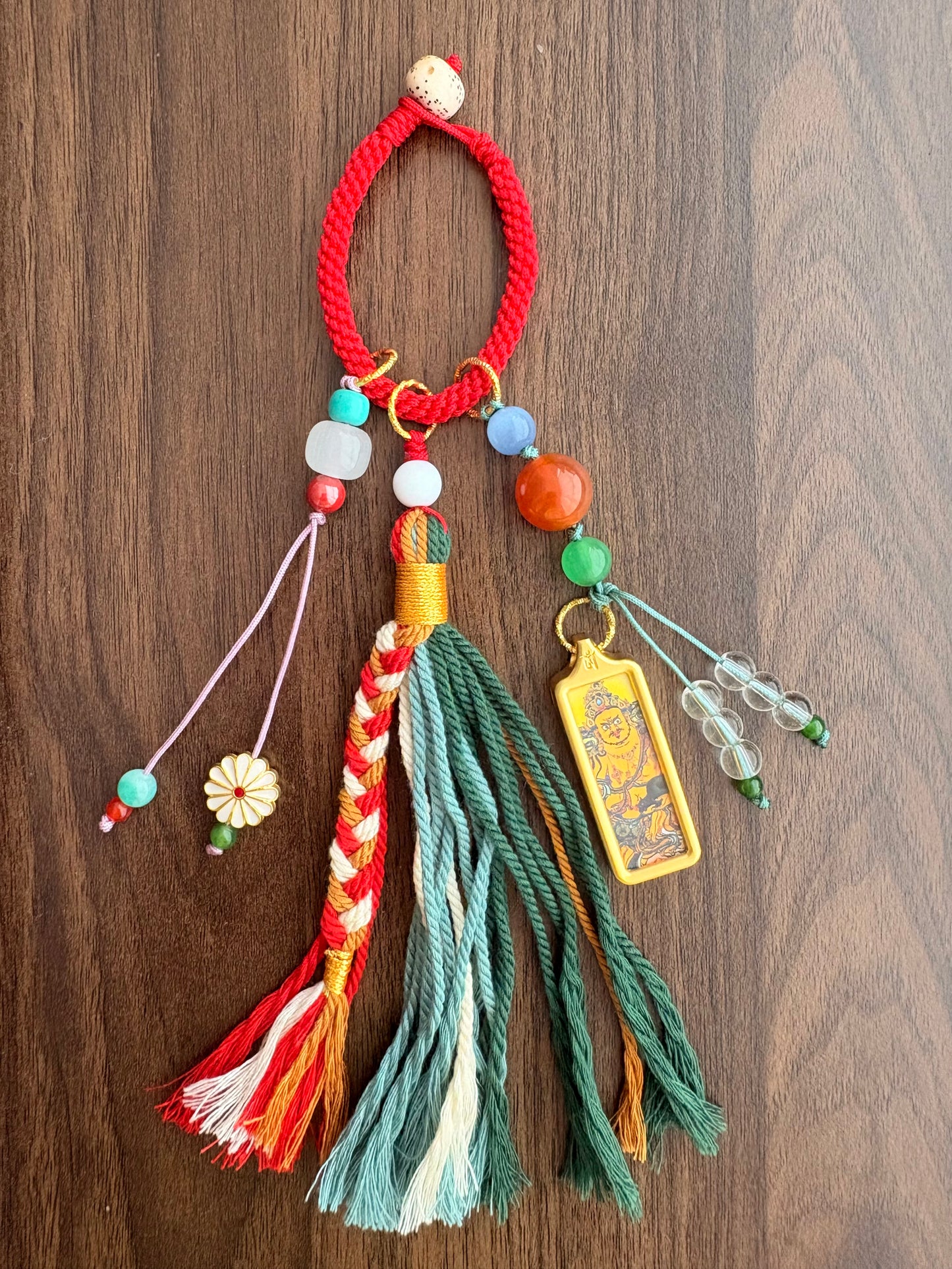 Small Tibetan Style Yellow Jambhala Thangka Charm with Flower Charm
