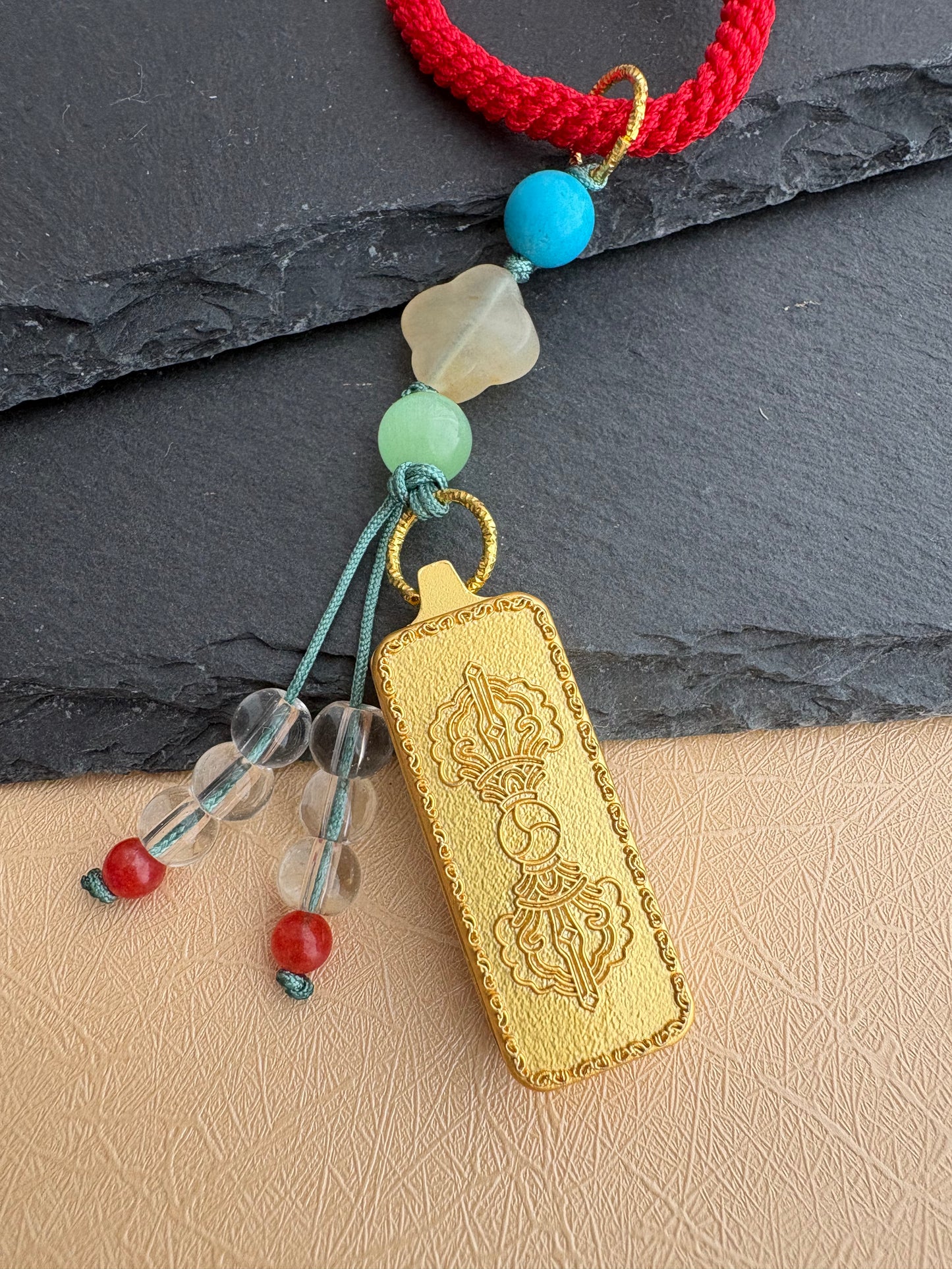Small Zaki Lhamo Thangka Charm with Flower Tassel in Tibetan Red