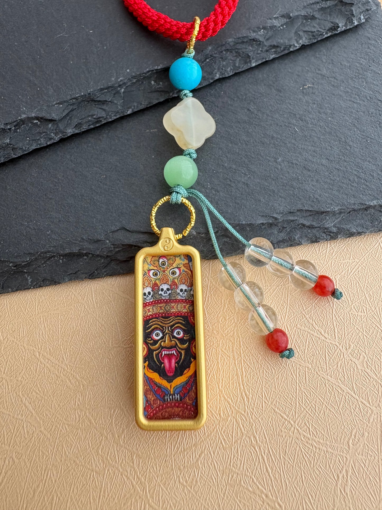 Small Zaki Lhamo Thangka Charm with Flower Tassel in Tibetan Red