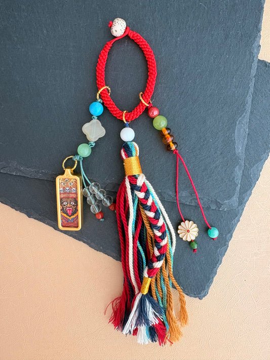 Small Zaki Lhamo Thangka Charm with Flower Tassel in Tibetan Red