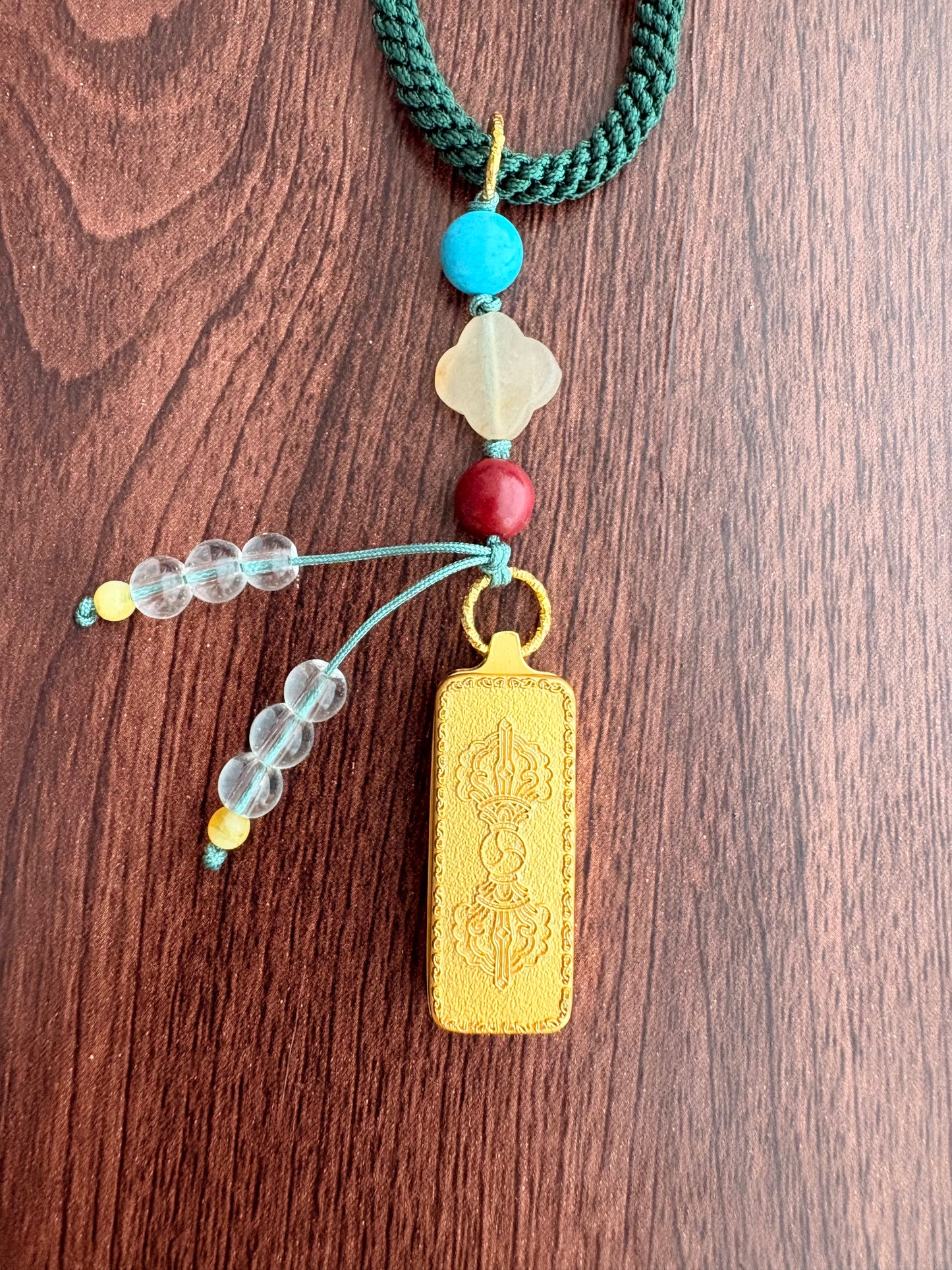 Small Zaki Lhamo Thangka Charm with Flower Tassel in Tibetan Green
