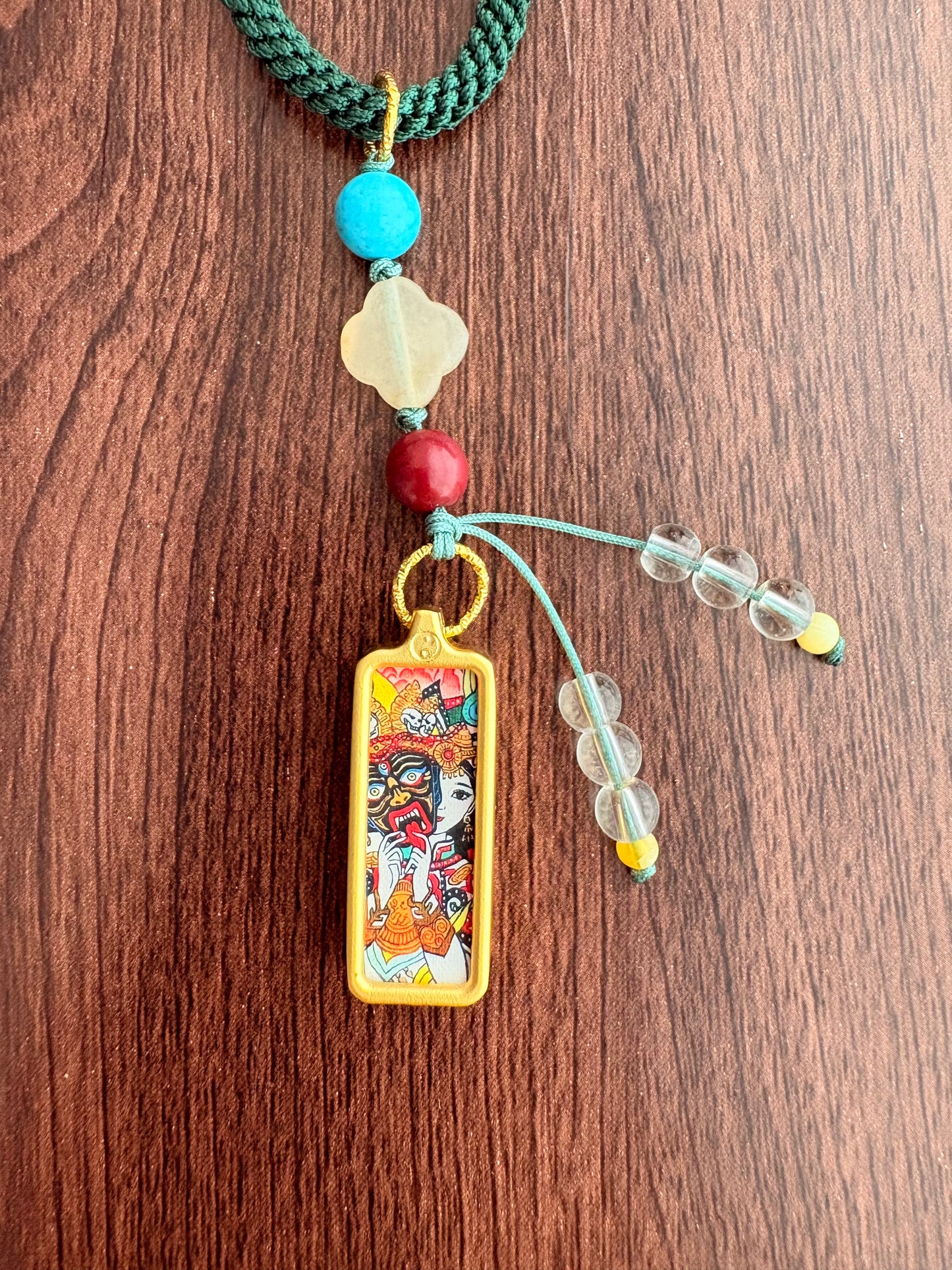 Small Zaki Lhamo Thangka Charm with Flower Tassel in Tibetan Green