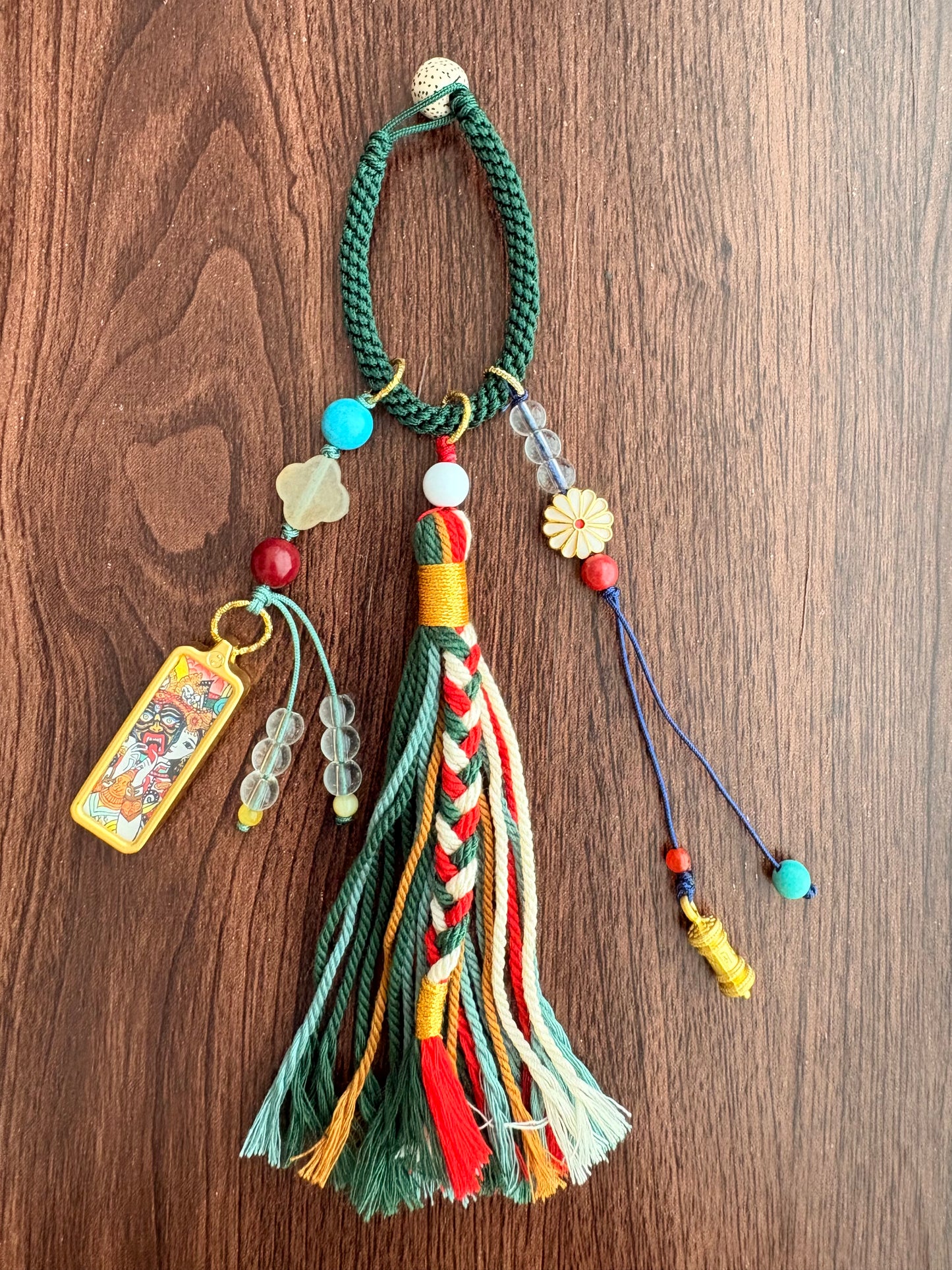 Small Zaki Lhamo Thangka Charm with Flower Tassel in Tibetan Green