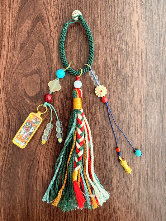 Small Zaki Lhamo Thangka Charm with Flower Tassel in Tibetan Green