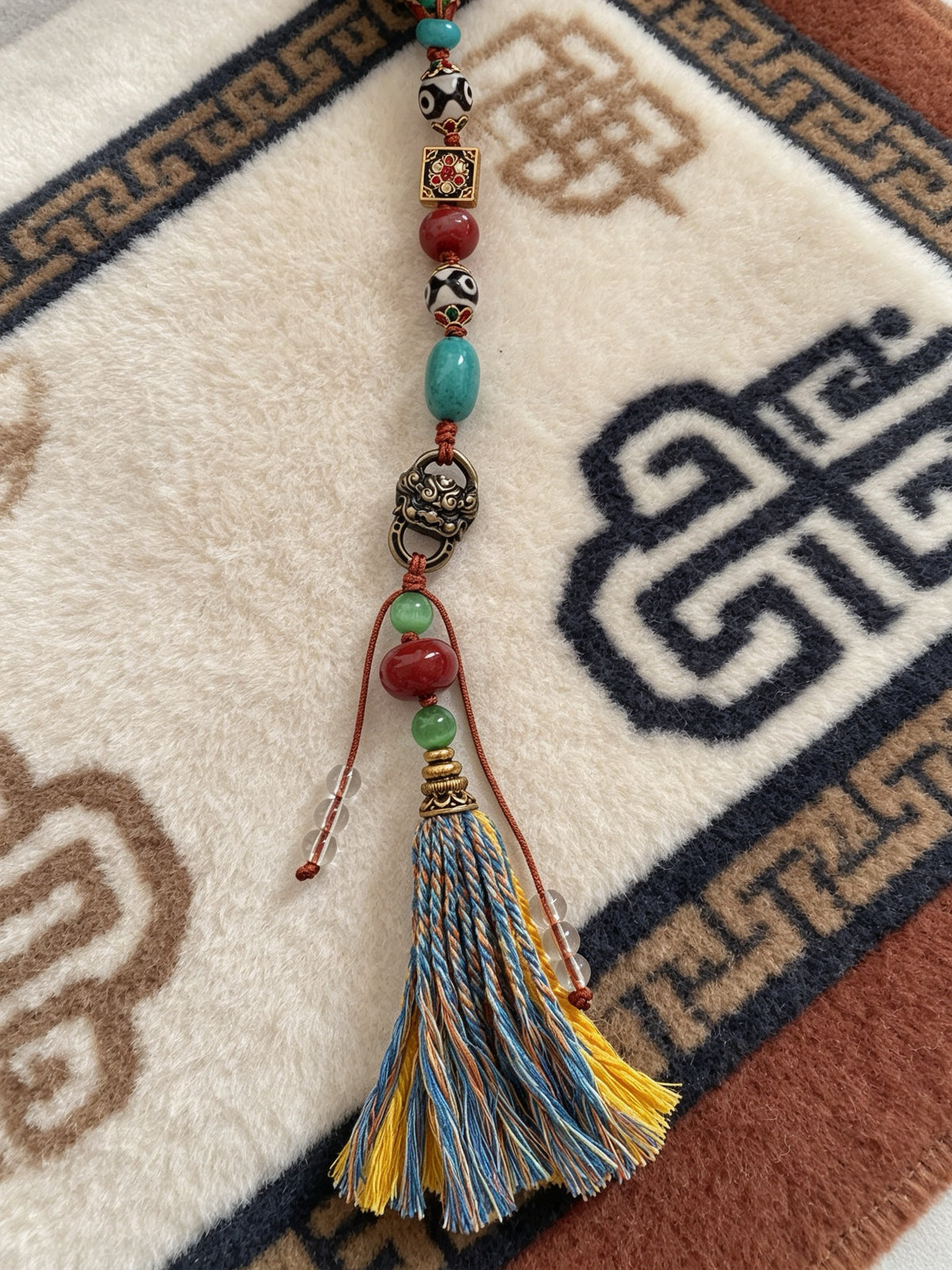 Tibetan Large-sized Victory Banner Auspicious Tassel Ornament with Dzi Beads and Zhibazha charm