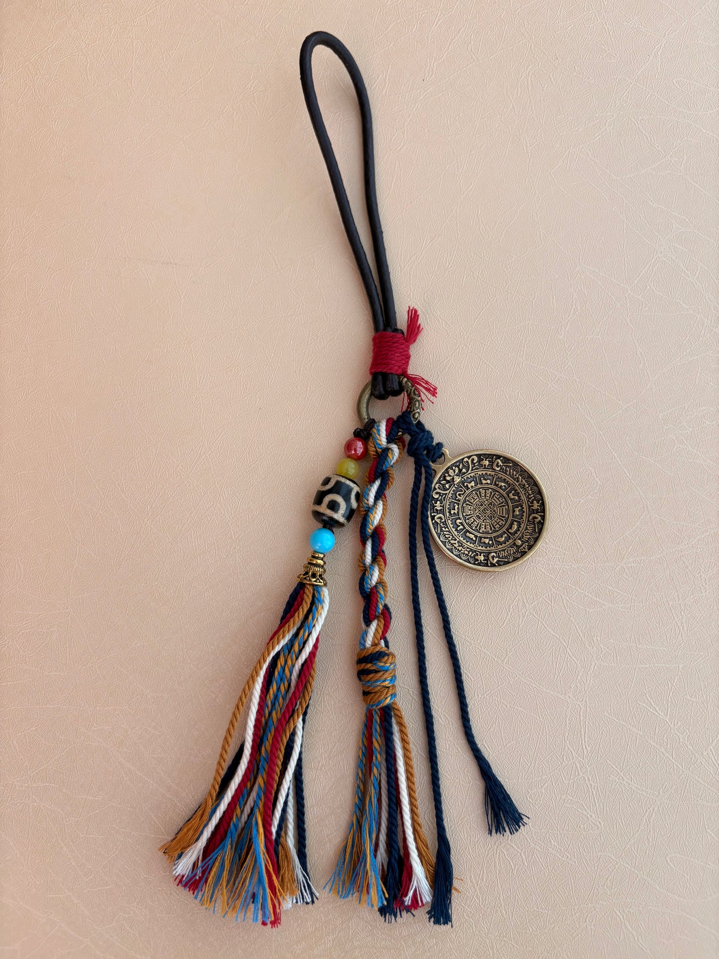 Tibetan Style Nine-Palace Bagua Amulet Charm with Dalo Agate Dzi Bead & Leather Cord