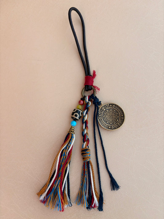 Tibetan Style Nine-Palace Bagua Amulet Charm with Dalo Agate Dzi Bead & Leather Cord