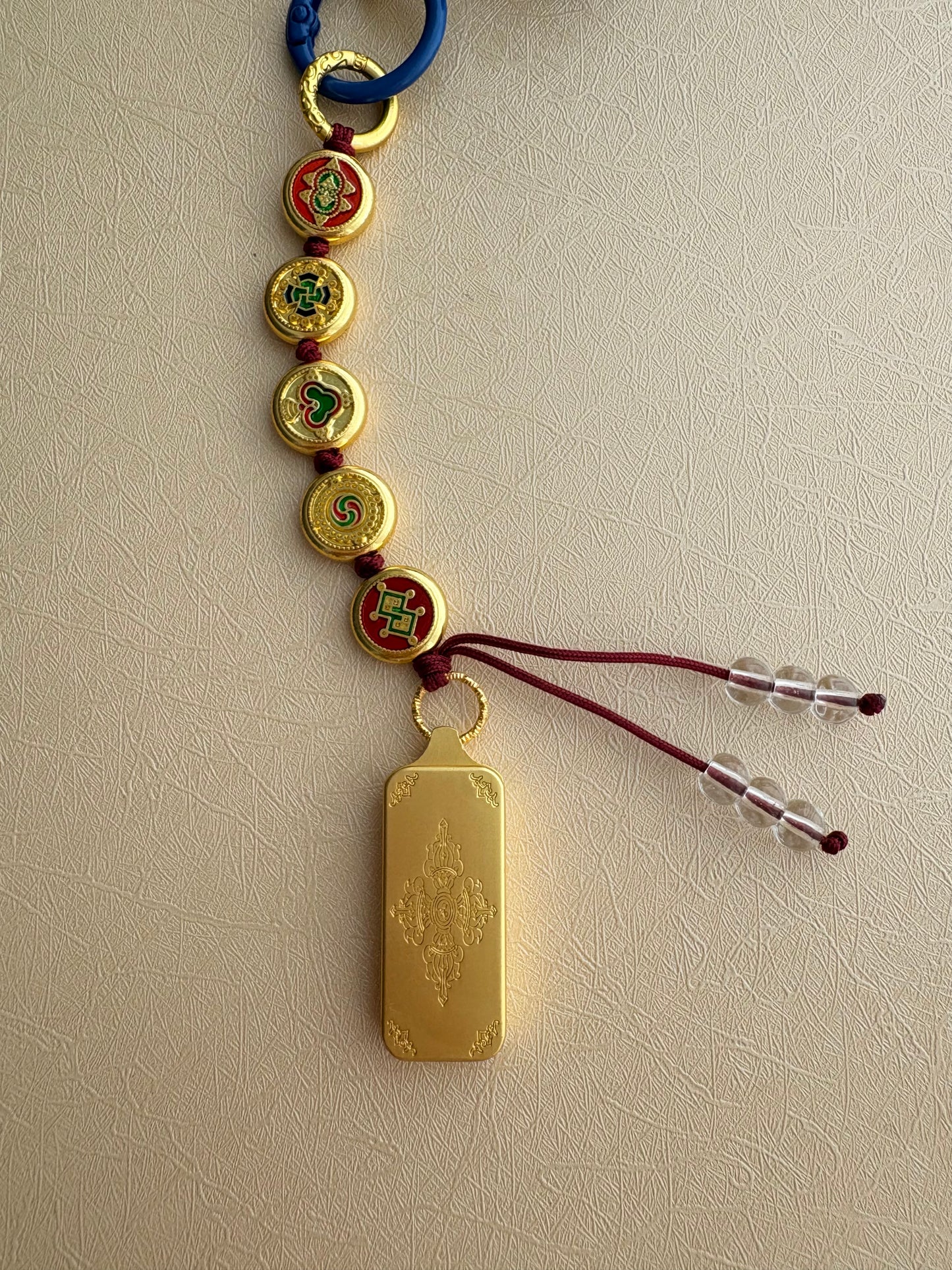 Victory Banner Charm with Black Jambhala Thangka Tassel in Tibetan Red and Blue
