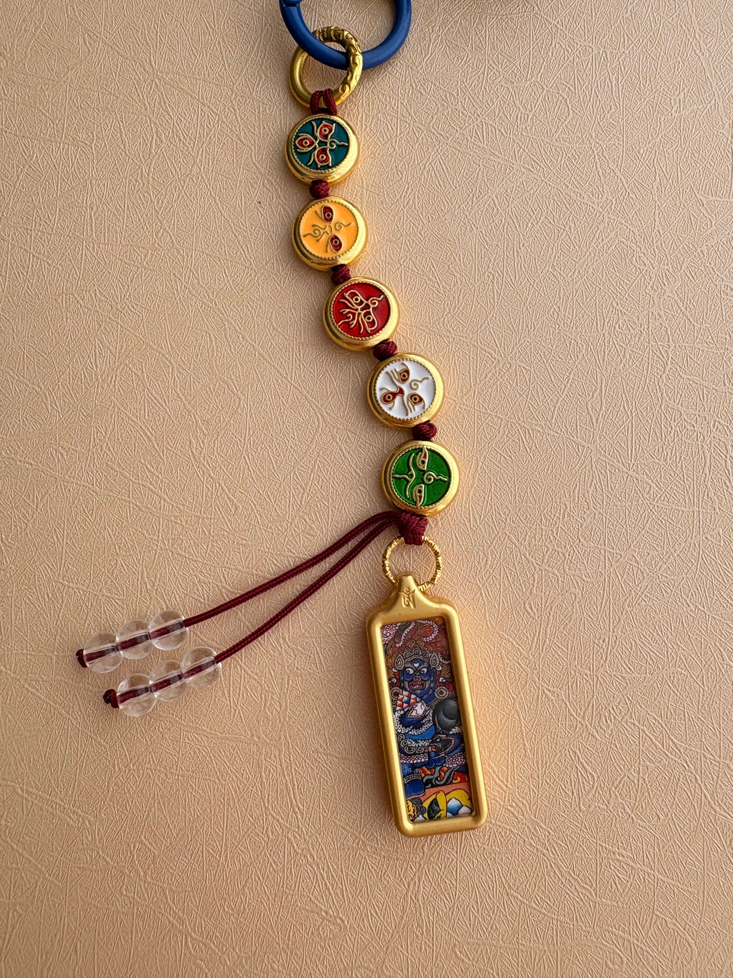 Victory Banner Charm with Black Jambhala Thangka Tassel in Tibetan Red and Blue