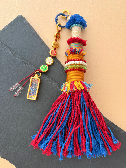 Victory Banner Charm with Black Jambhala Thangka Tassel in Tibetan Red and Blue