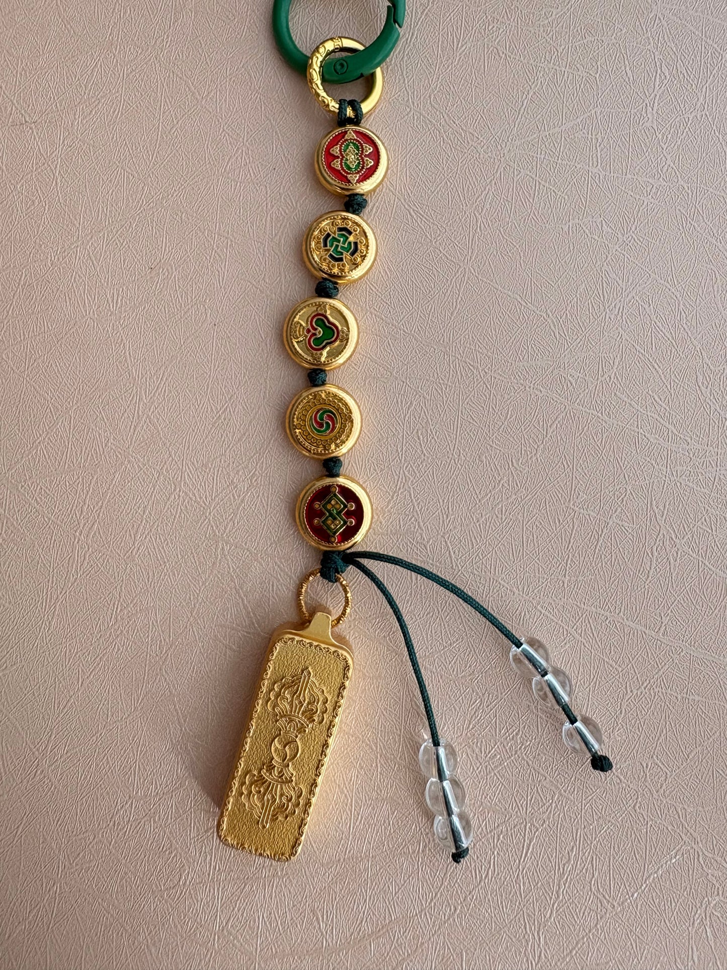 Victory Banner Charm with Green Tara Thangka Tassel in Deep Tibetan Green