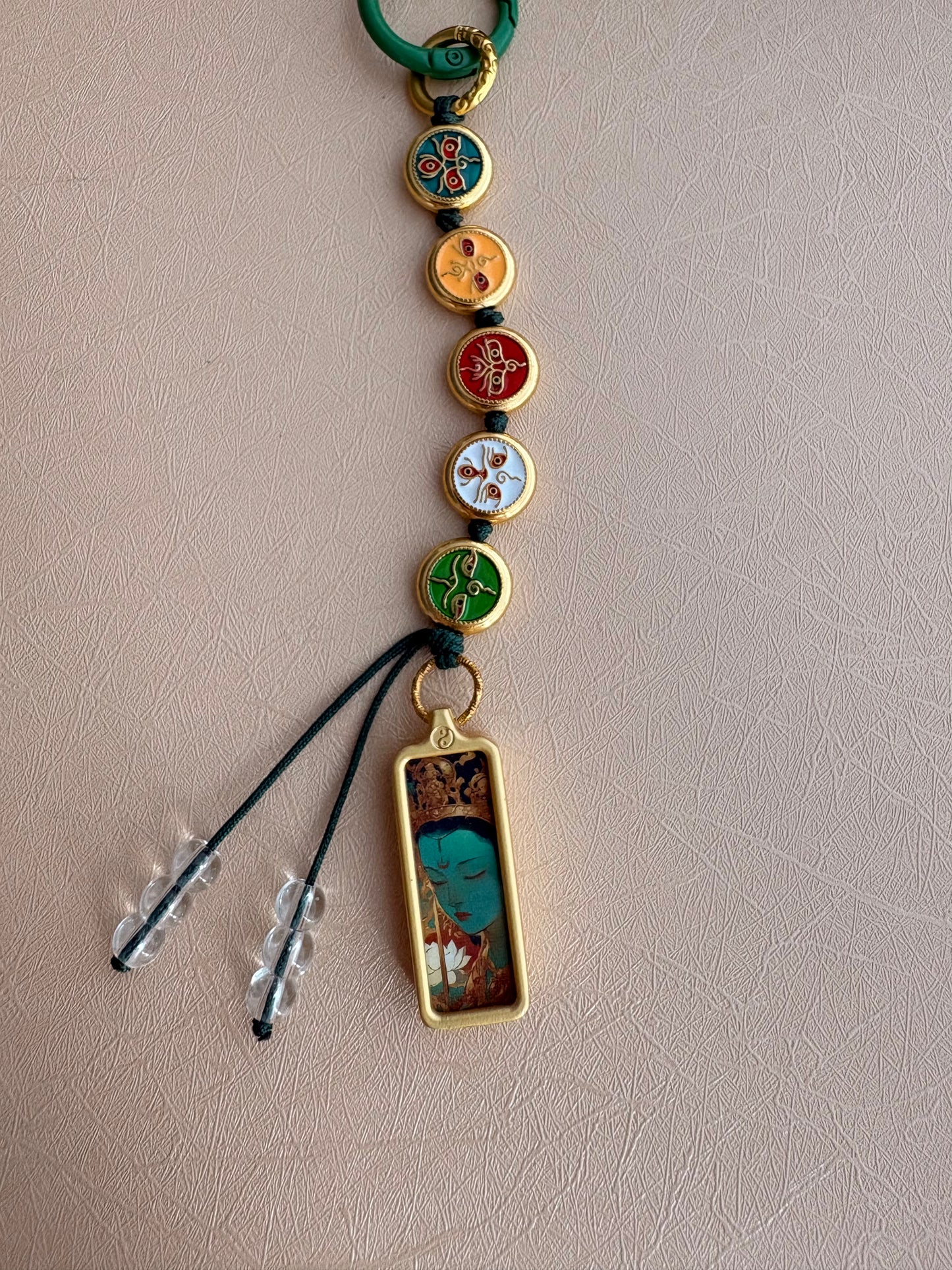 Victory Banner Charm with Green Tara Thangka Tassel in Deep Tibetan Green