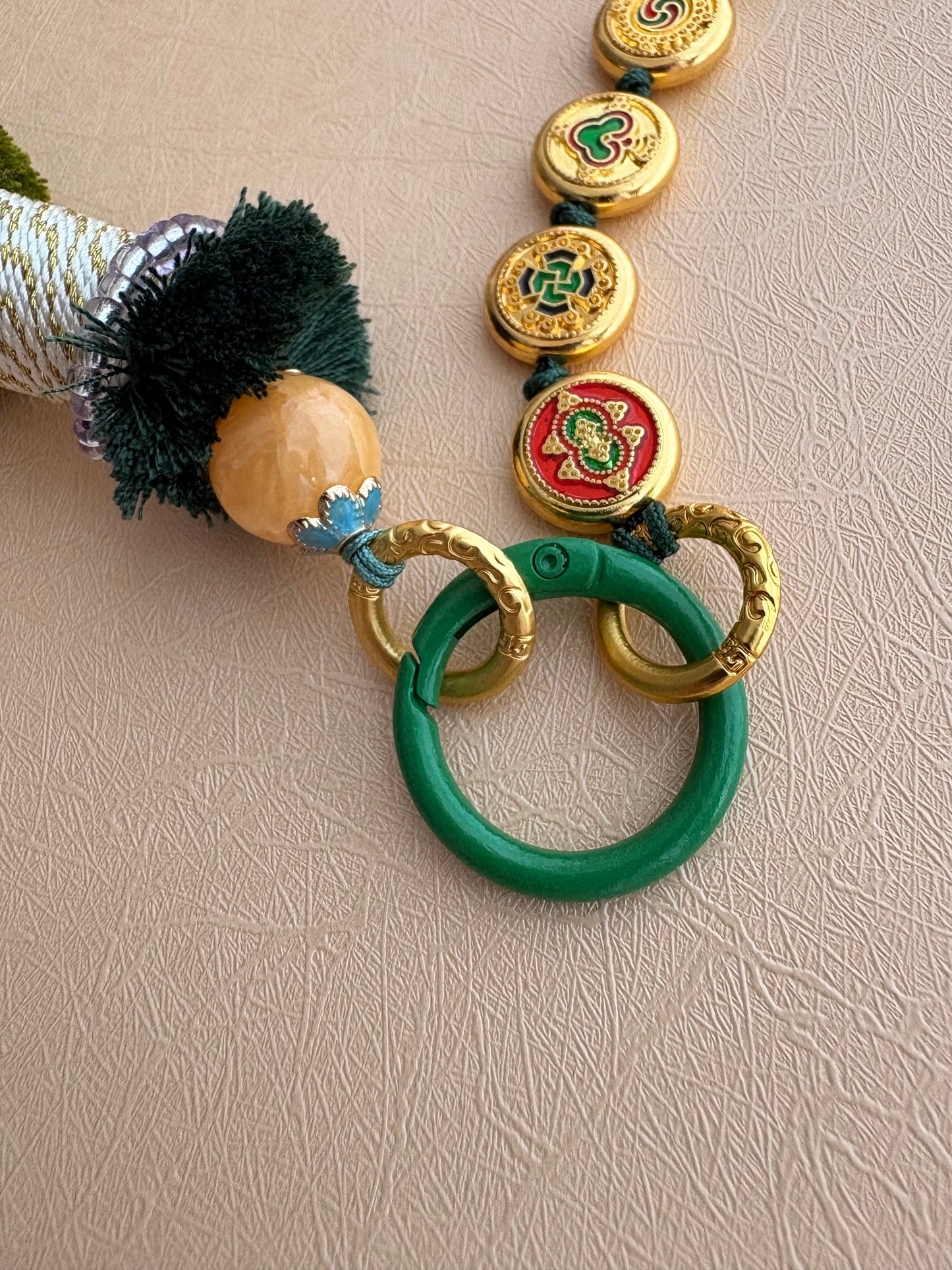 Victory Banner Charm with Green Tara Thangka Tassel in Deep Tibetan Green