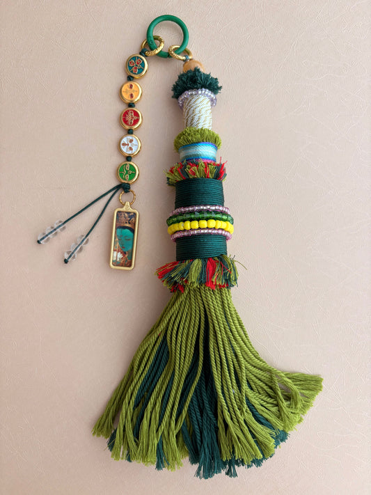 Victory Banner Charm with Green Tara Thangka Tassel in Deep Tibetan Green