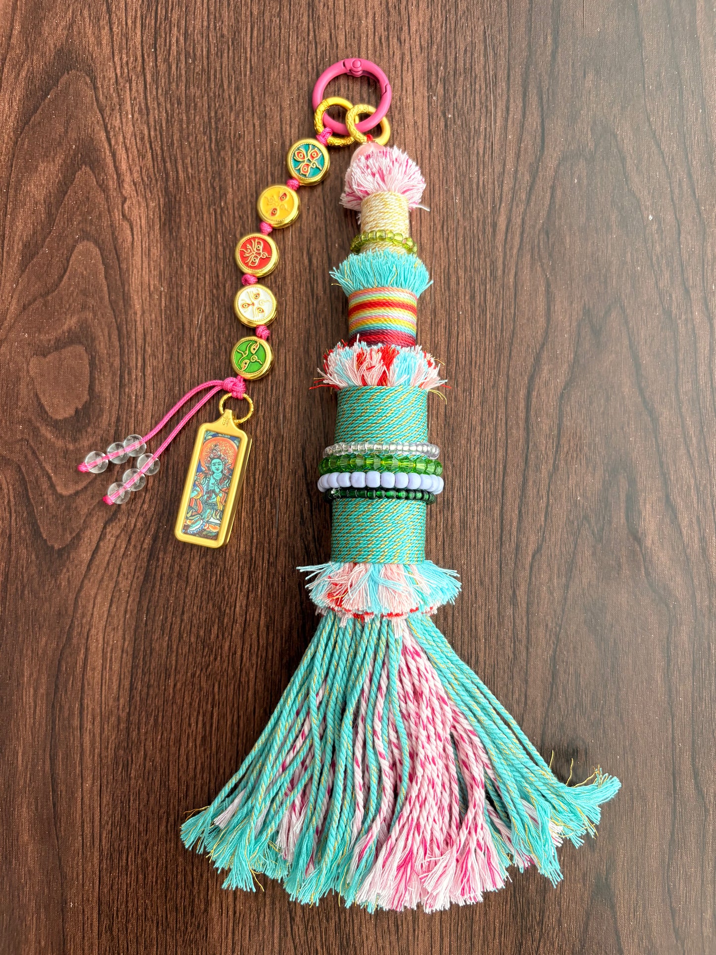 Victory Banner Charm with Green Tara Thangka Tassel in Tibetan Green