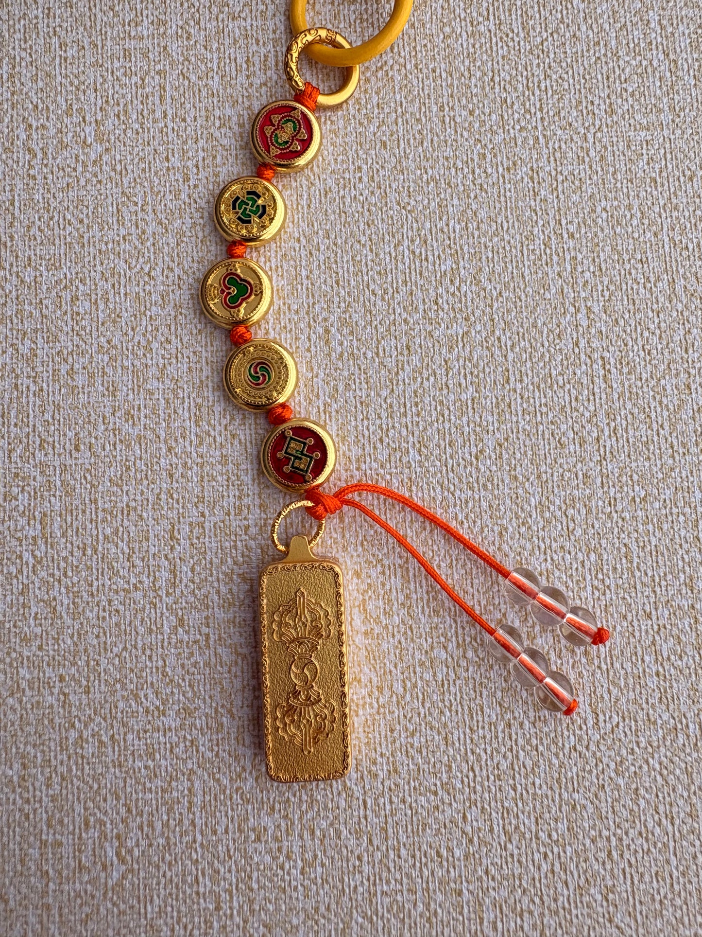 Victory Banner Charm with Manjushri Bodhisattva Thangka Tassel in Tibetan Red and Yellow