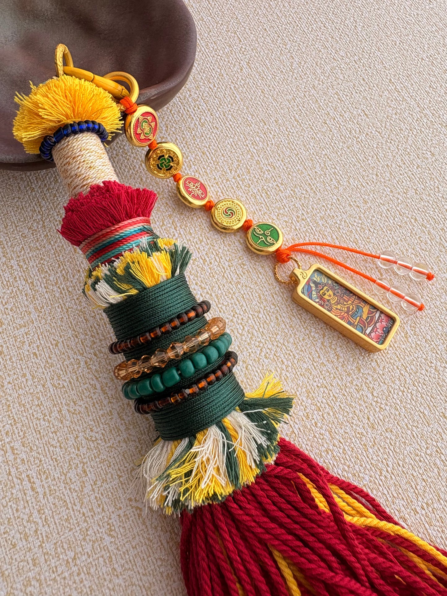 Victory Banner Charm with Manjushri Bodhisattva Thangka Tassel in Tibetan Red and Yellow