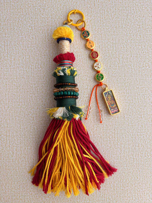 Victory Banner Charm with Manjushri Bodhisattva Thangka Tassel in Tibetan Red and Yellow