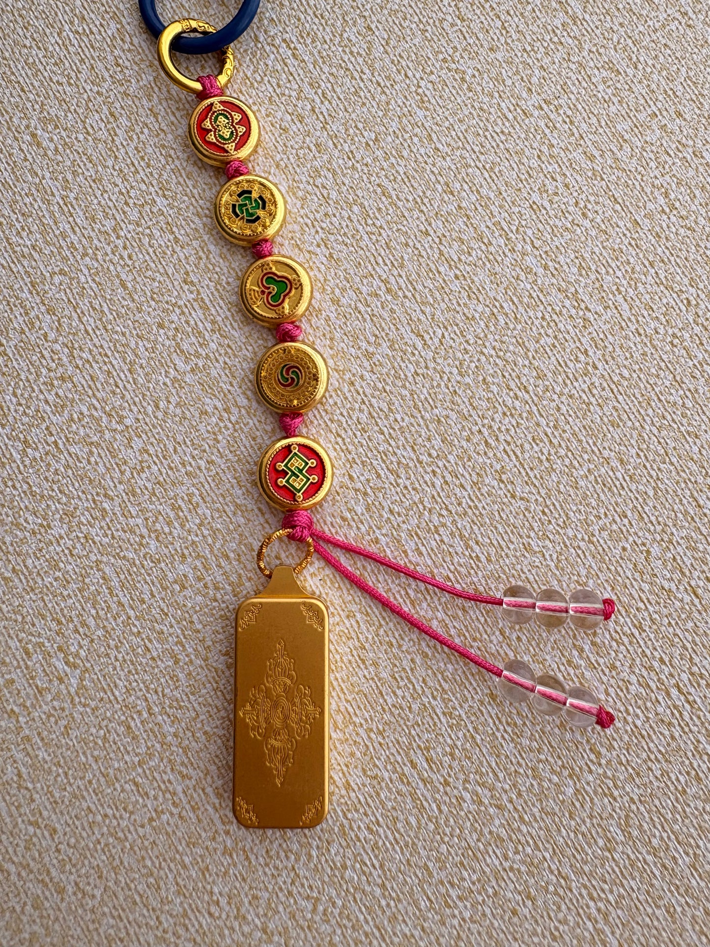 Victory Banner Charm with Medicine Buddha Thangka Tassel in Tibetan Pink