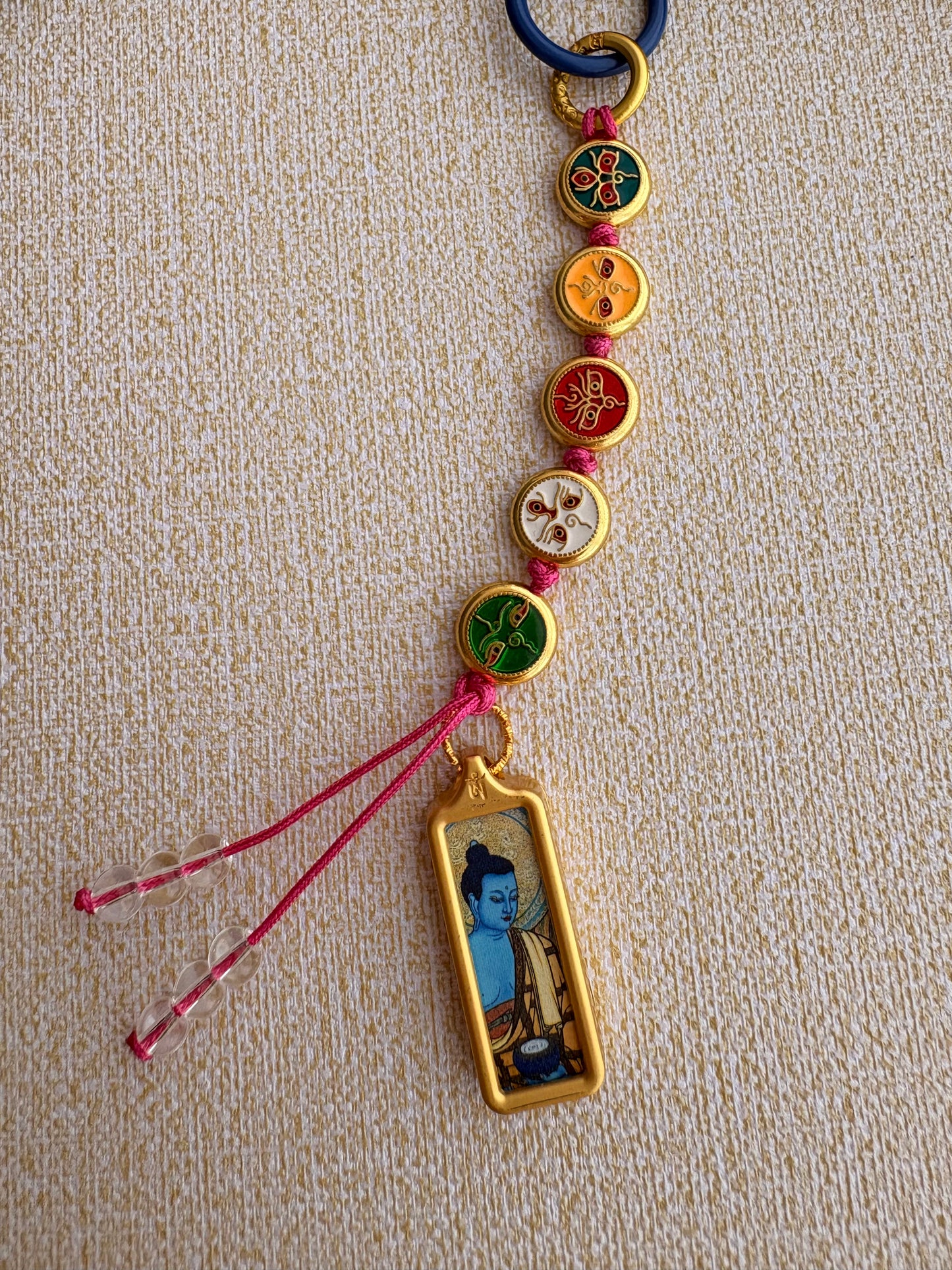 Victory Banner Charm with Medicine Buddha Thangka Tassel in Tibetan Pink