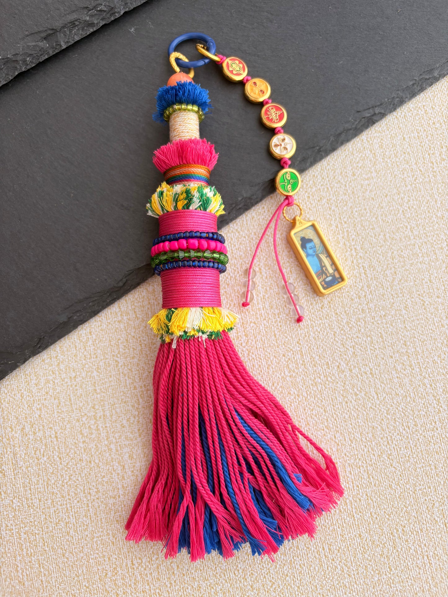 Victory Banner Charm with Medicine Buddha Thangka Tassel in Tibetan Pink