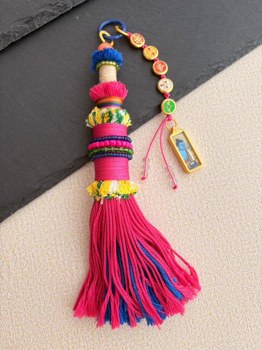 Victory Banner Charm with Medicine Buddha Thangka Tassel in Tibetan Pink
