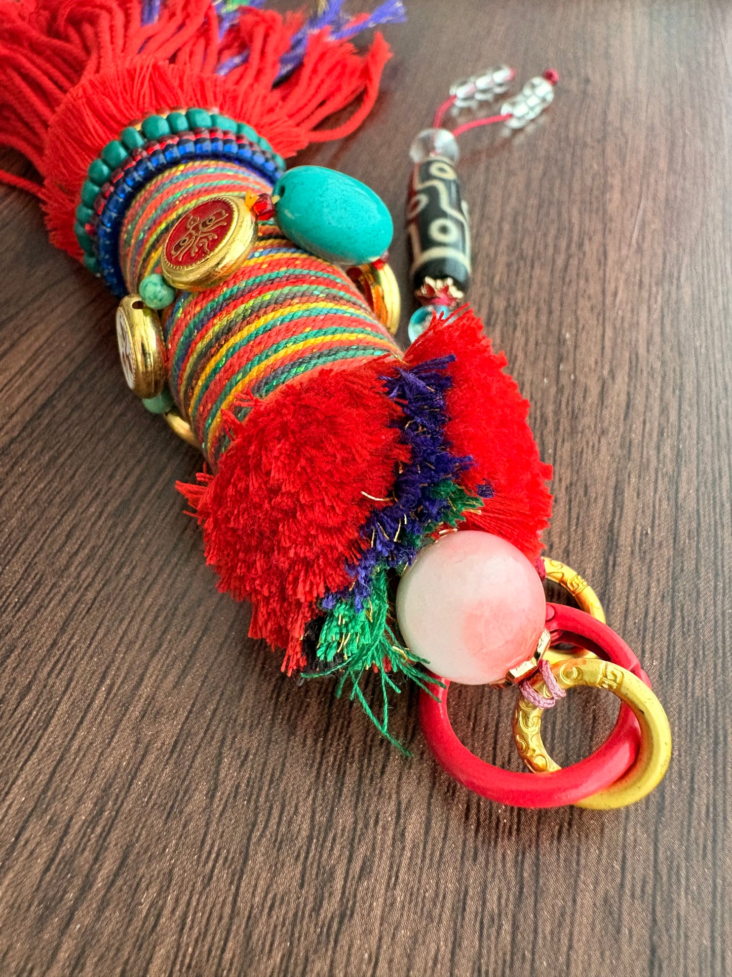 Victory Banner Charm with Nine-Eyed Dzi Bead Tassel in Tibetan Red