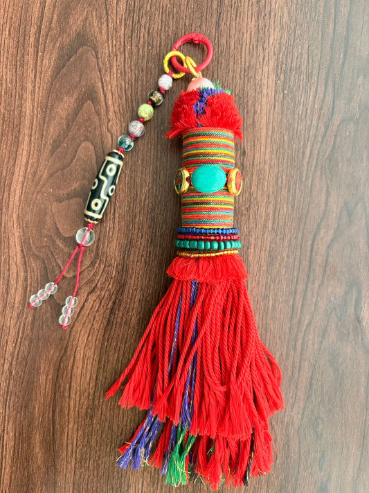 Victory Banner Charm with Nine-Eyed Dzi Bead Tassel in Tibetan Red