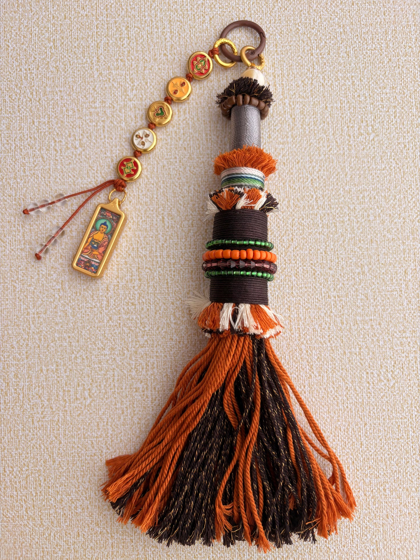 Victory Banner Charm with Sakyamuni Buddha Thangka Tassel in Tibetan Brown