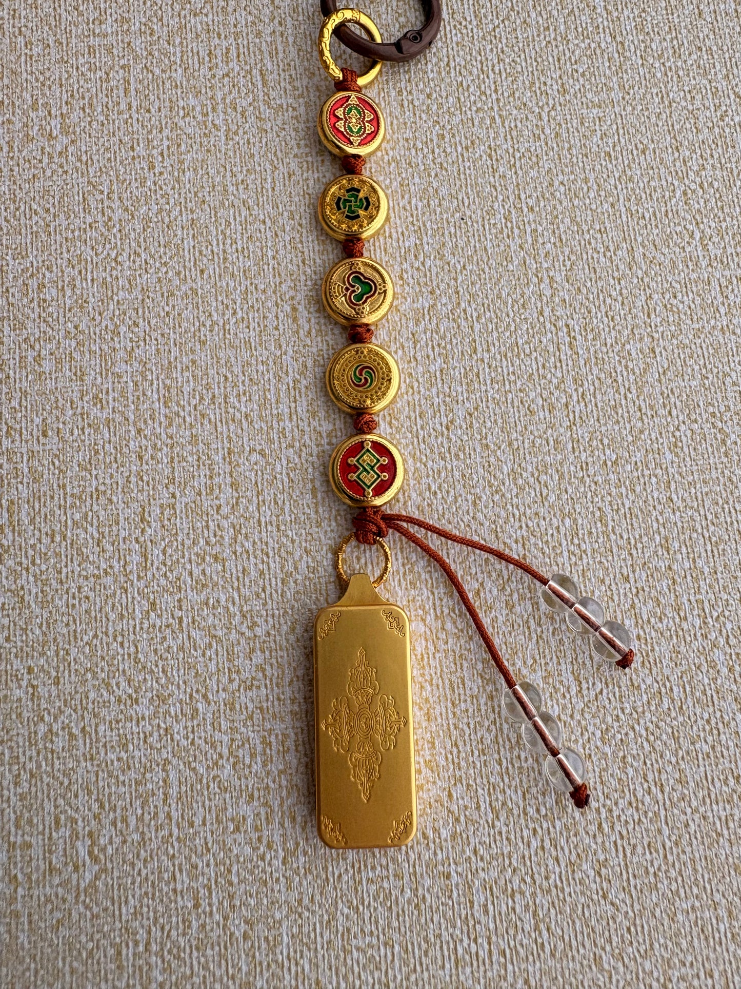 Victory Banner Charm with Sakyamuni Buddha Thangka Tassel in Tibetan Brown