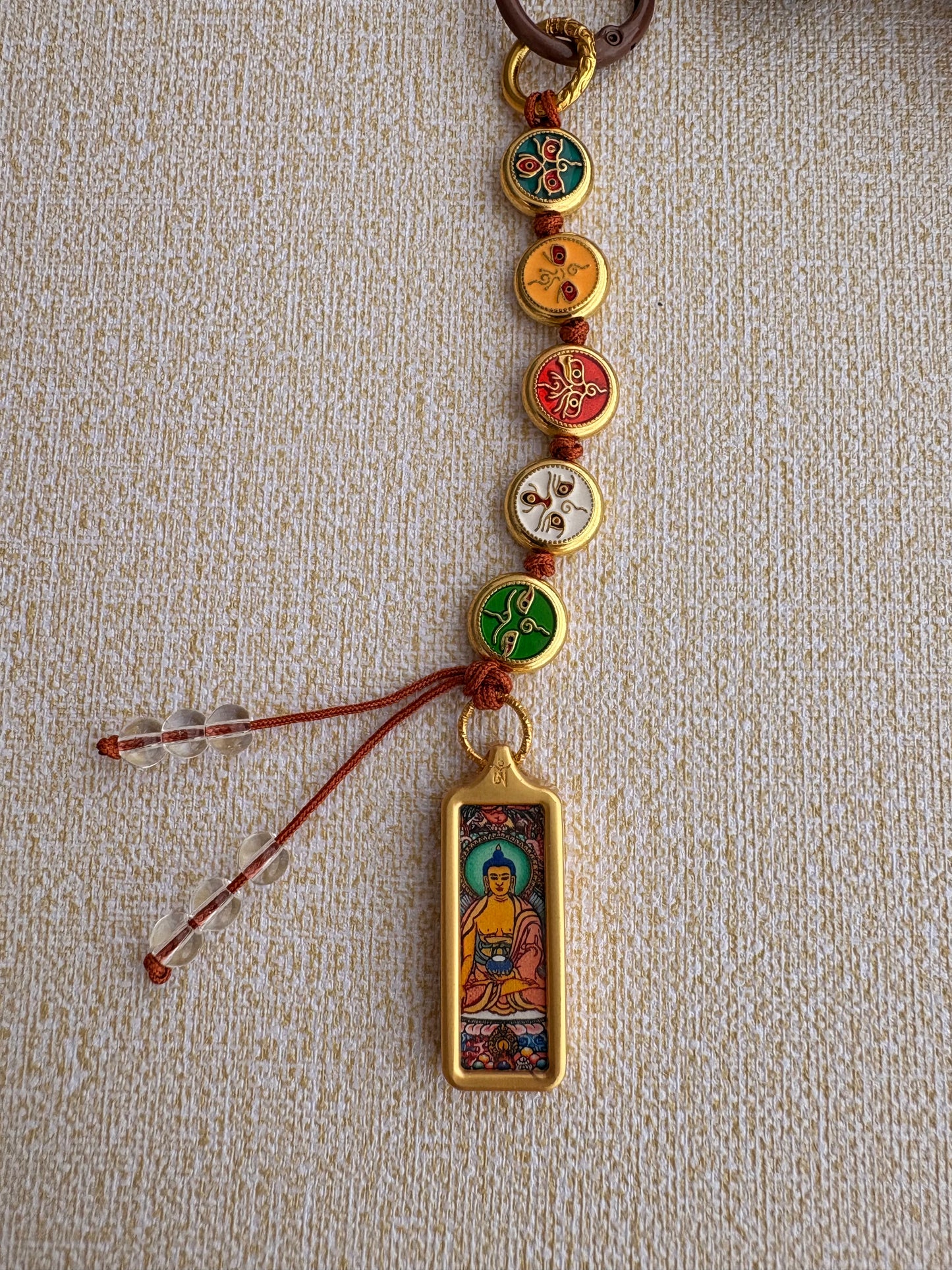 Victory Banner Charm with Sakyamuni Buddha Thangka Tassel in Tibetan Brown