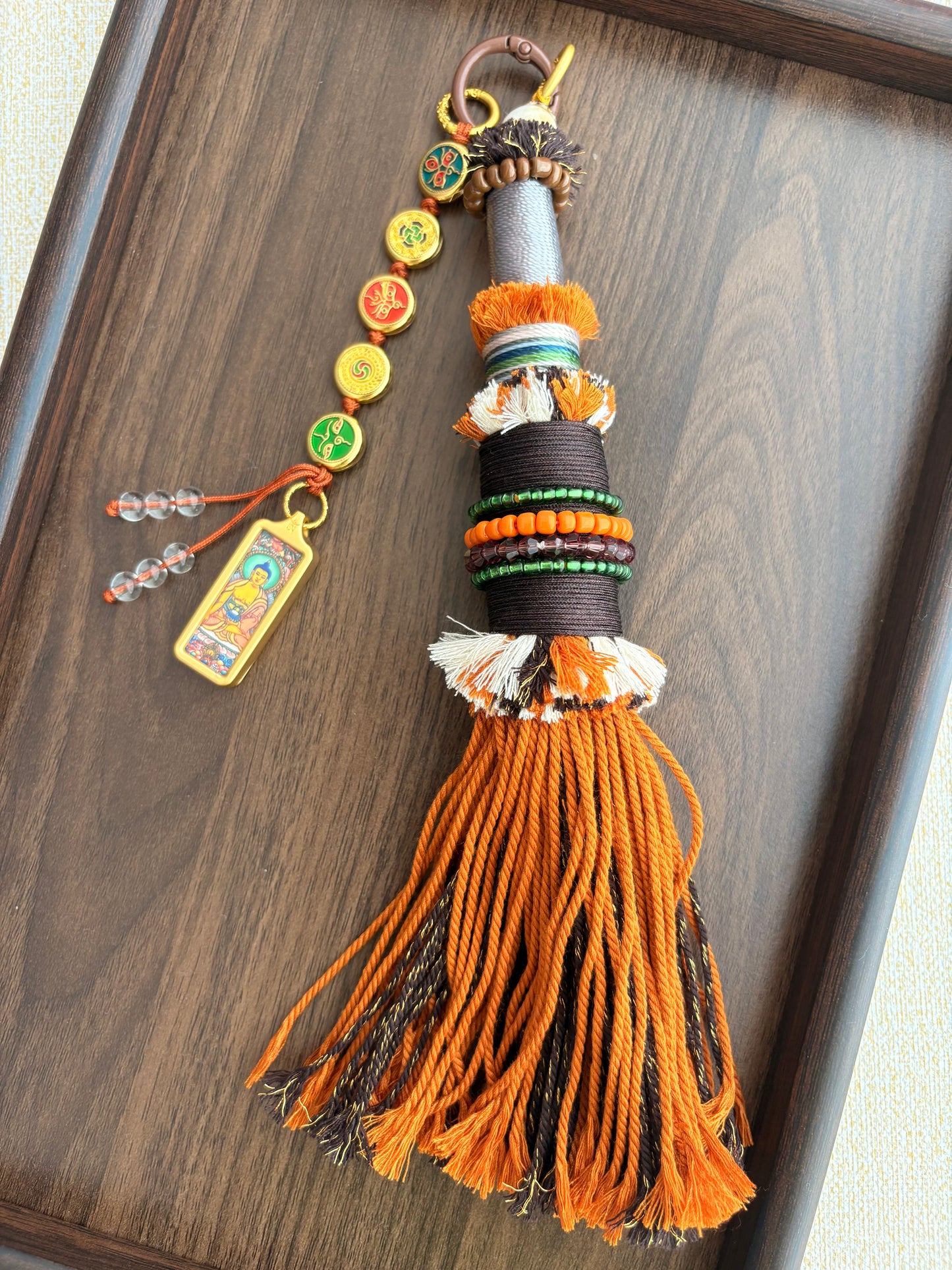 Victory Banner Charm with Sakyamuni Buddha Thangka Tassel in Tibetan Brown