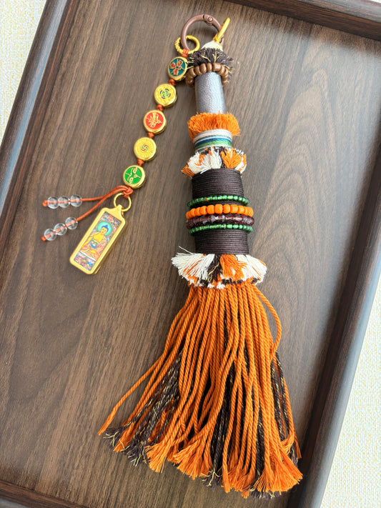 Victory Banner Charm with Sakyamuni Buddha Thangka Tassel in Tibetan Brown