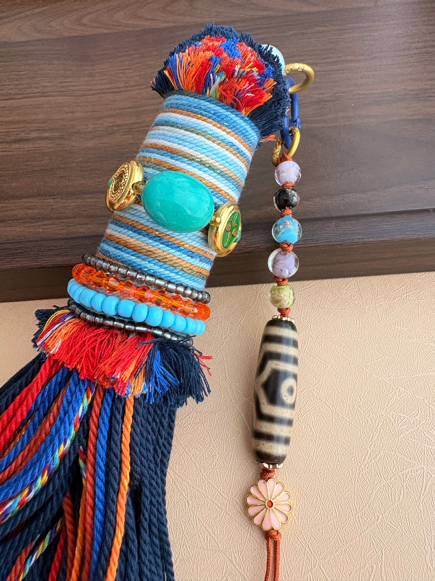 Victory Banner Charm with Three-Eyed Dzi Bead Tassel in Deep Tibetan Blue