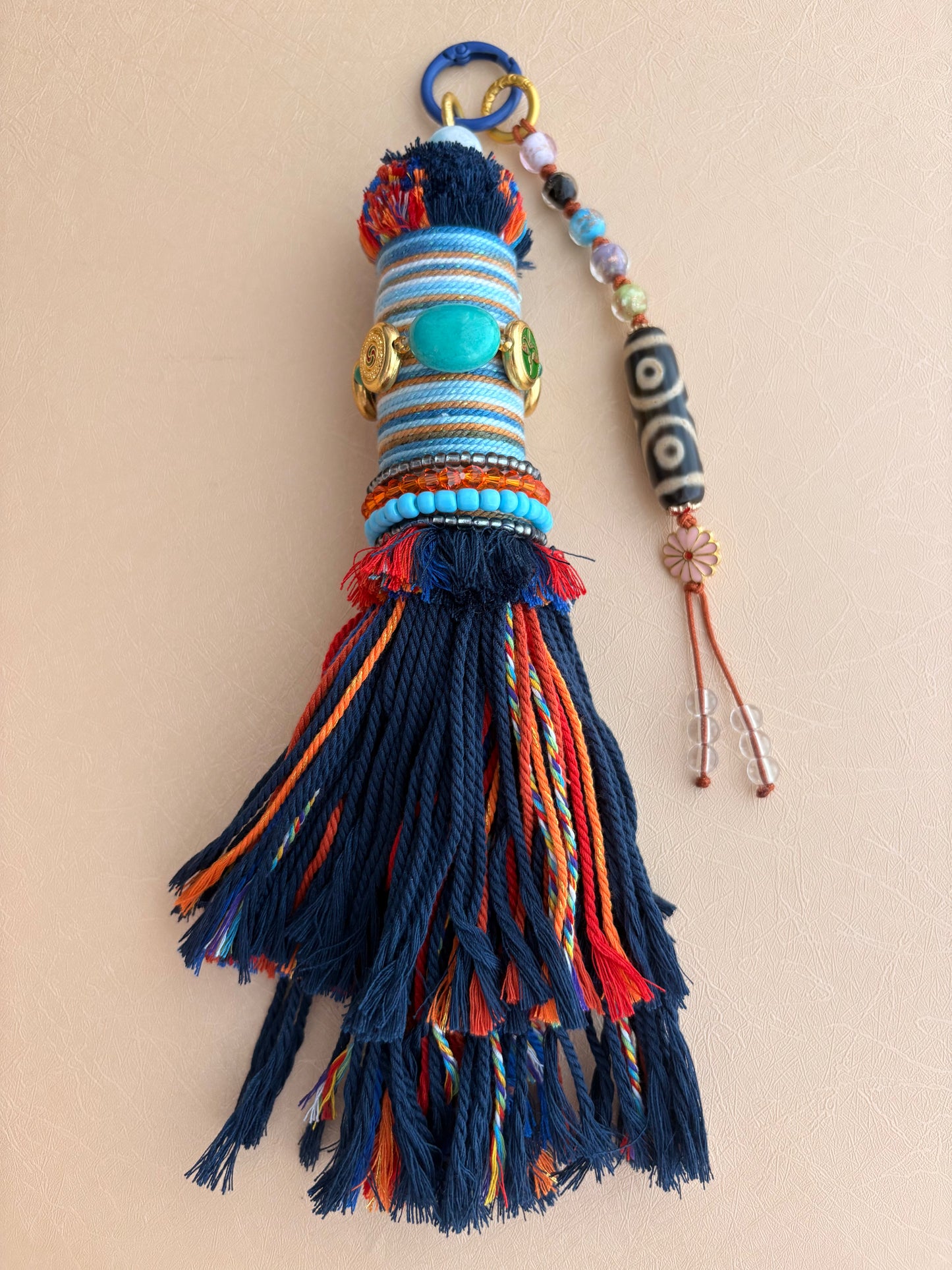 Victory Banner Charm with Three-Eyed Dzi Bead Tassel in Deep Tibetan Blue