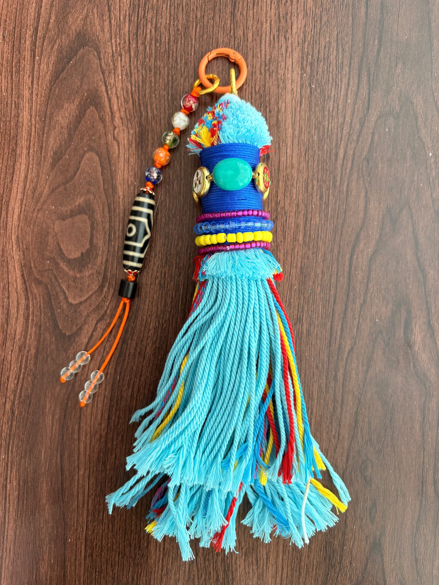 Victory Banner Charm with Three-Eyed Dzi Bead Tassel in Tibetan Blue