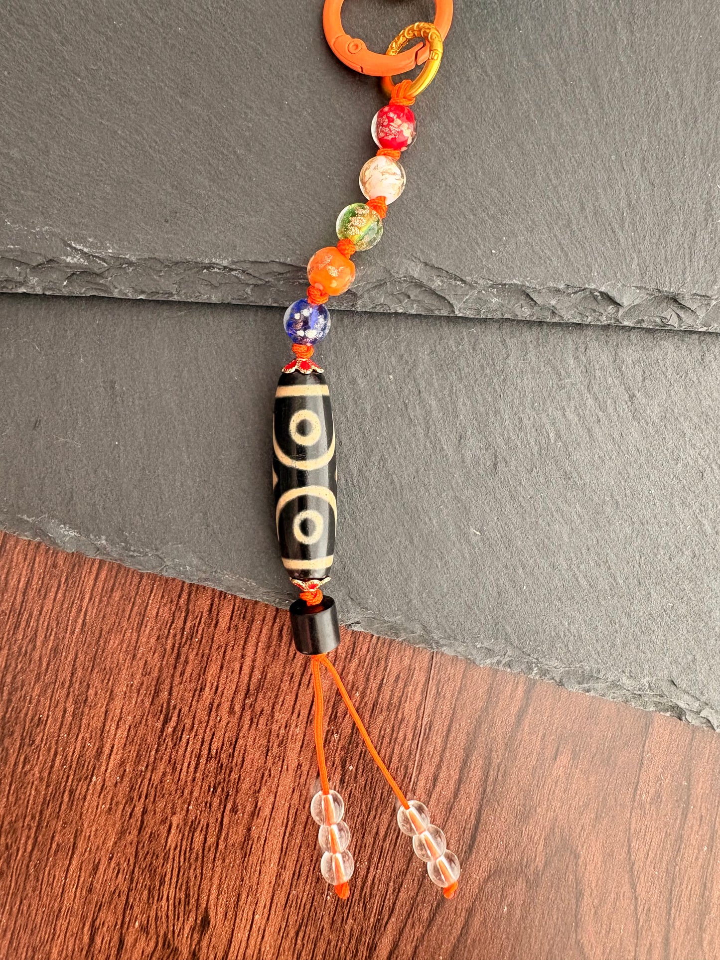 Victory Banner Charm with Three-Eyed Dzi Bead Tassel in Tibetan Blue