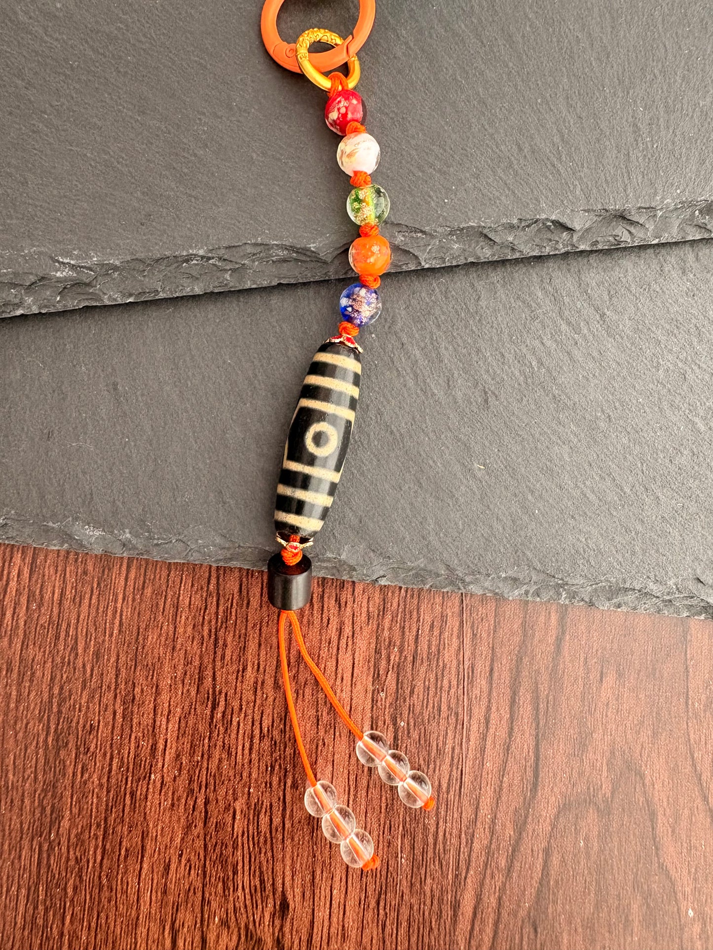 Victory Banner Charm with Three-Eyed Dzi Bead Tassel in Tibetan Blue