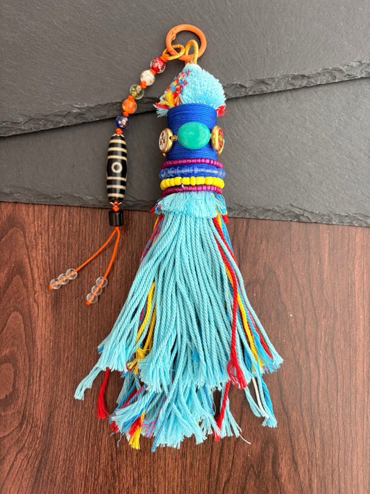 Victory Banner Charm with Three-Eyed Dzi Bead Tassel in Tibetan Blue