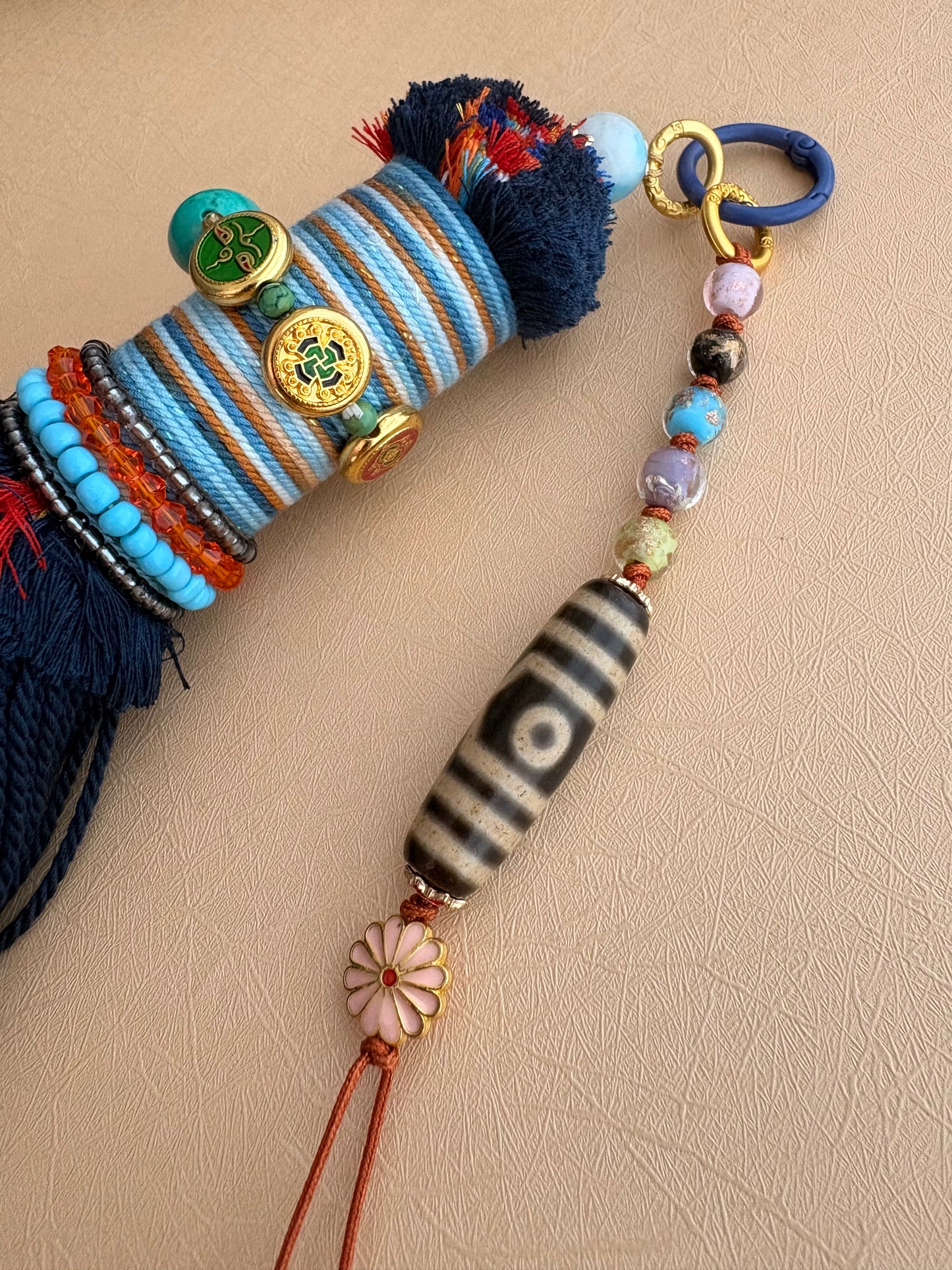 Victory Banner Charm with Three-Eyed Dzi Bead Tassel in Deep Tibetan Blue