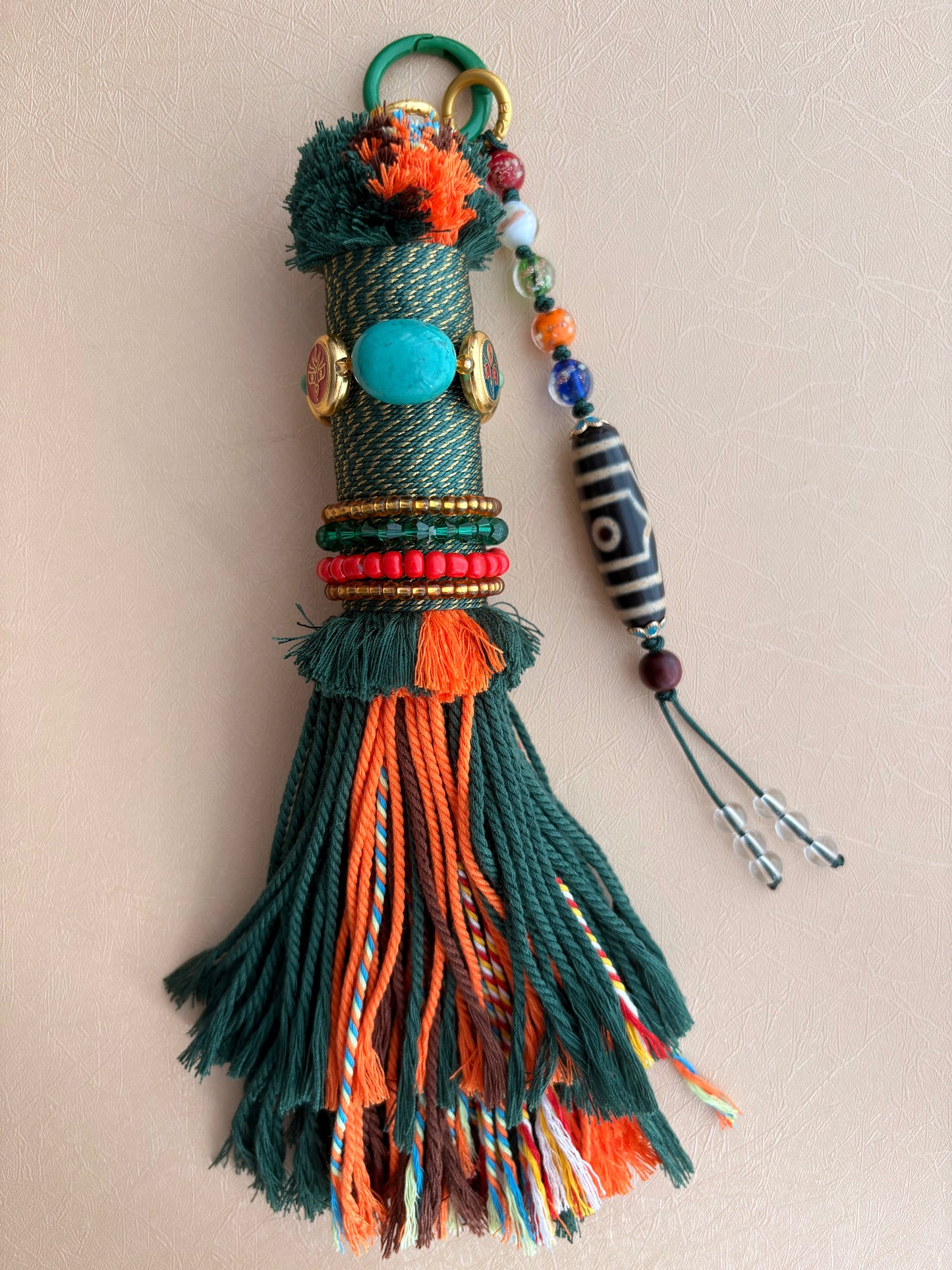 Victory Banner Charm with Three-Eyed Dzi Bead Tassel in Tibetan Green