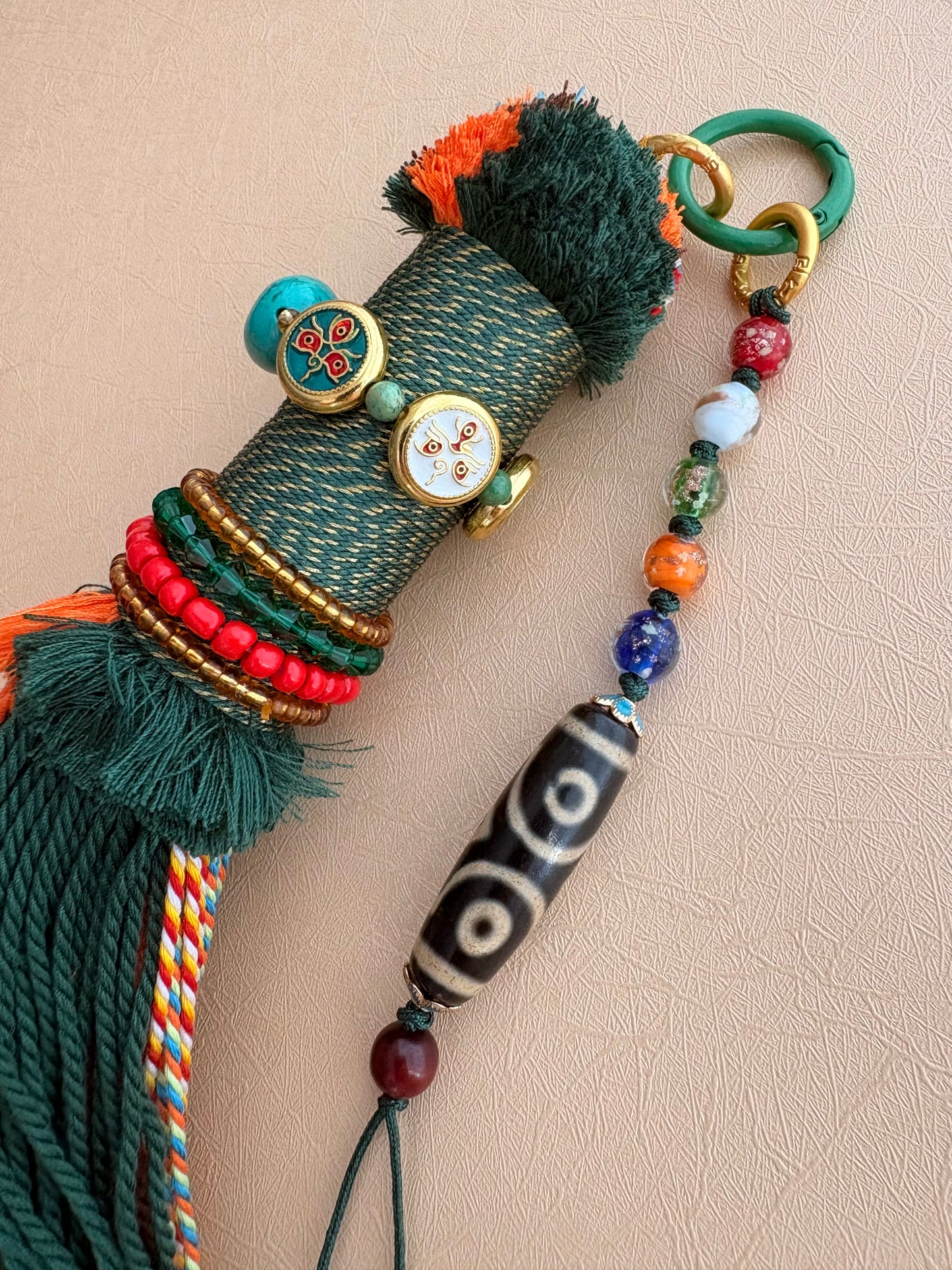 Victory Banner Charm with Three-Eyed Dzi Bead Tassel in Tibetan Green