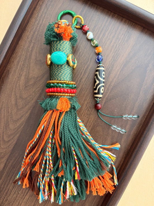 Victory Banner Charm with Three-Eyed Dzi Bead Tassel in Tibetan Green