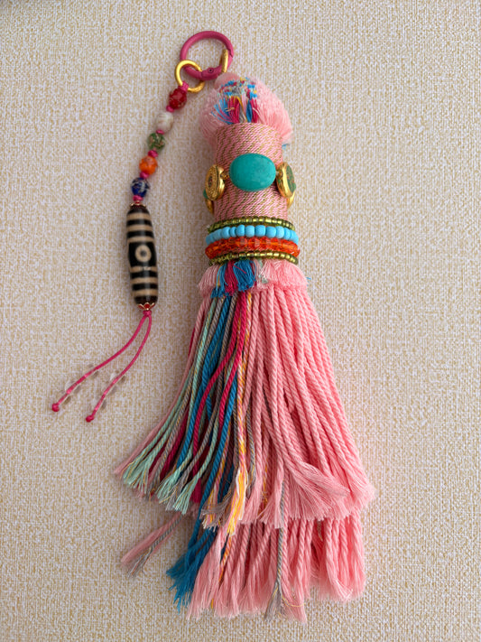 Victory Banner Charm with Three-Eyed Dzi Bead Tassel in Tibetan Pink