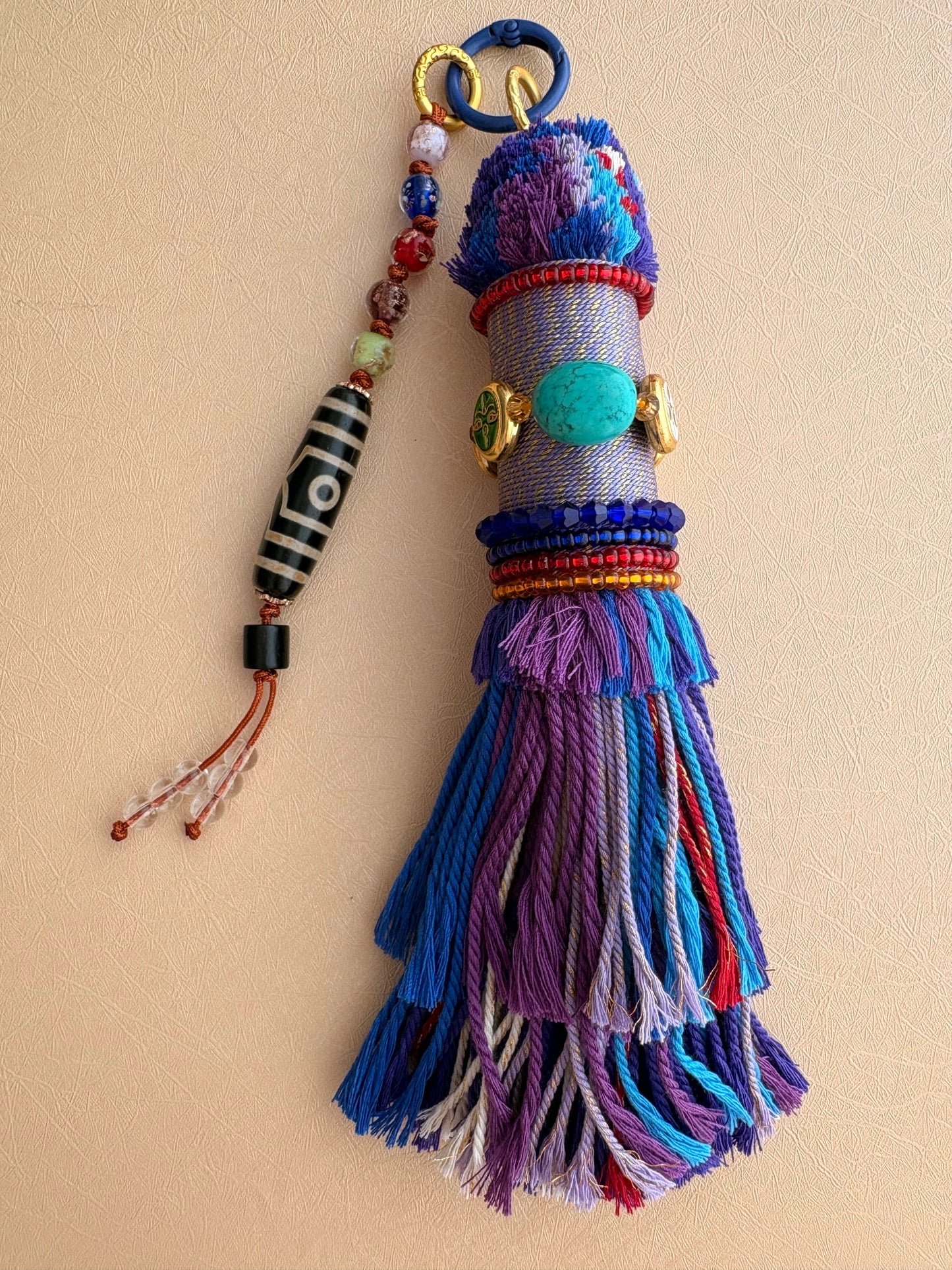 Victory Banner Charm with Three-Eyed Dzi Bead Tassel in Tibetan Purple